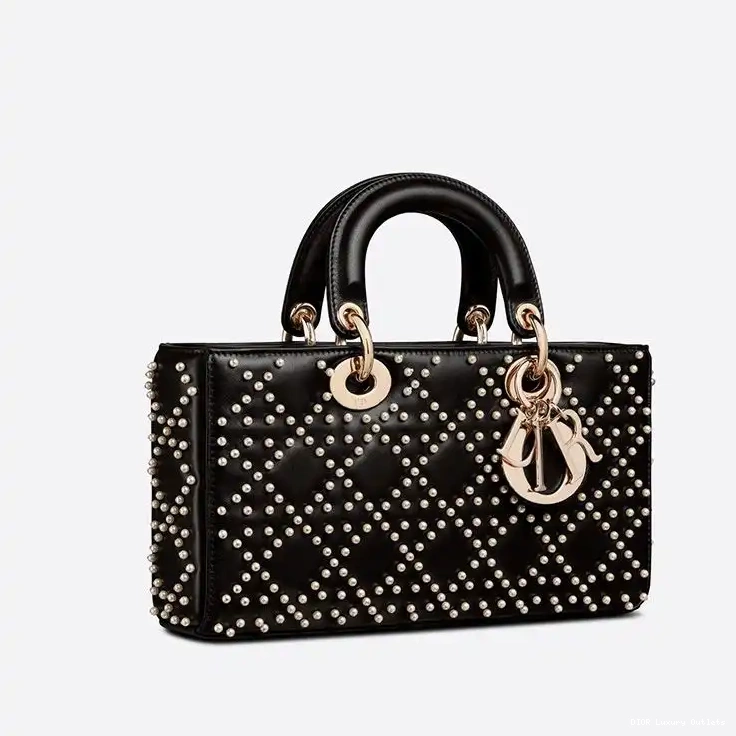 Cheap Lambskin Cannage Black Motif with Beads Medium Lady D-Joy Bag 0528 Luxury